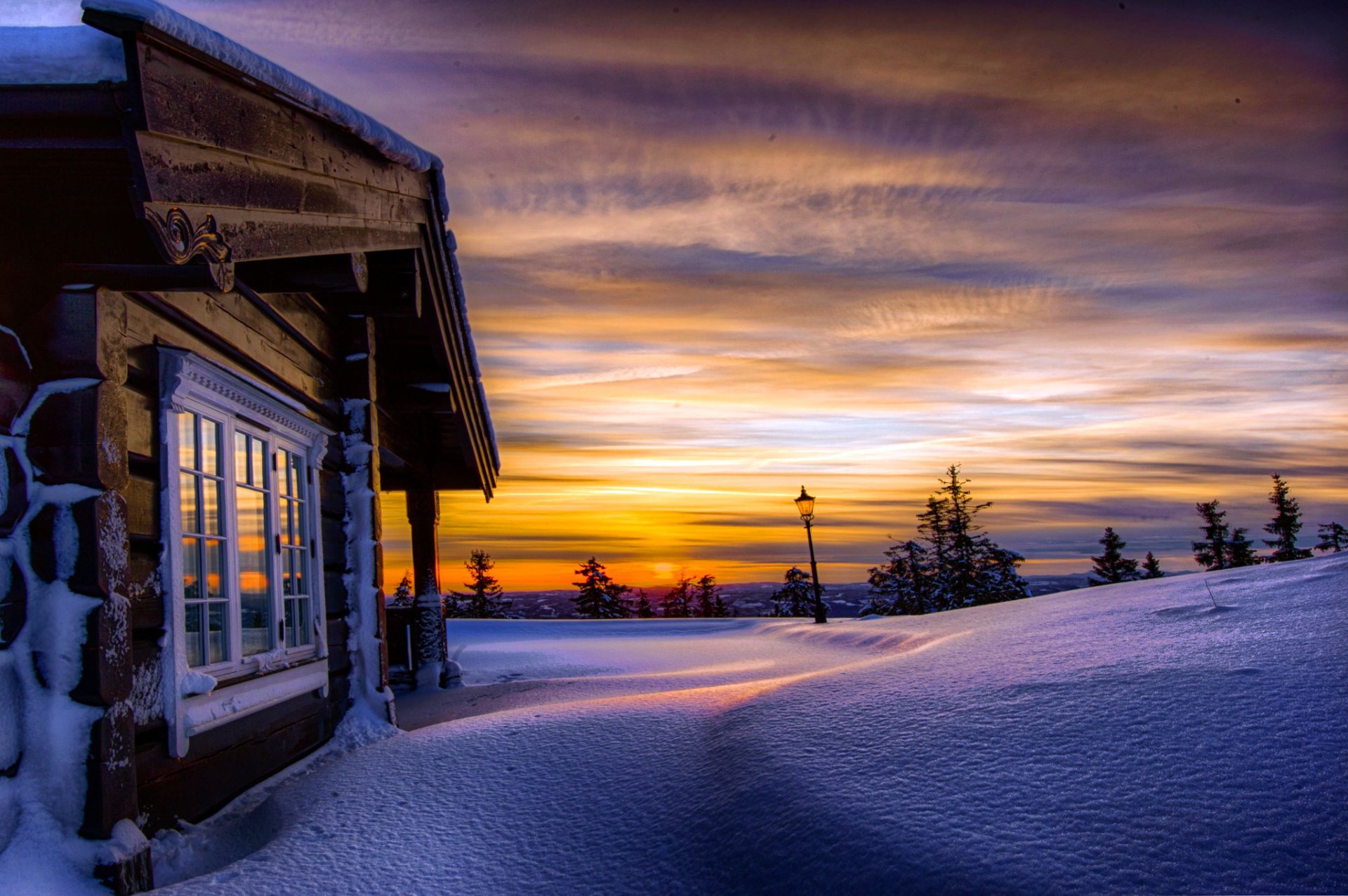 norway winter snow drifts tree hills house light sunset sky clouds nature