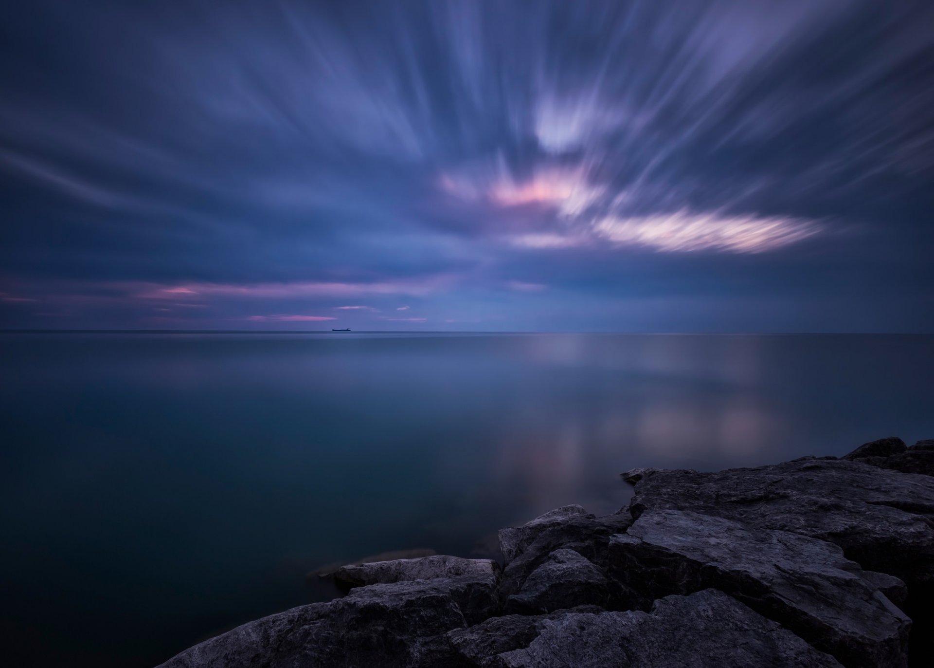 canada ontario lac huron côte pierres soirée crépuscule coucher de soleil ciel nuages