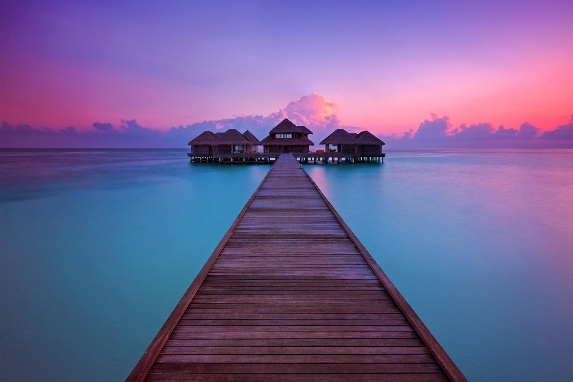 maldives station balnéaire océan jetée bungalow coucher de soleil huvafen fushi sur aquum