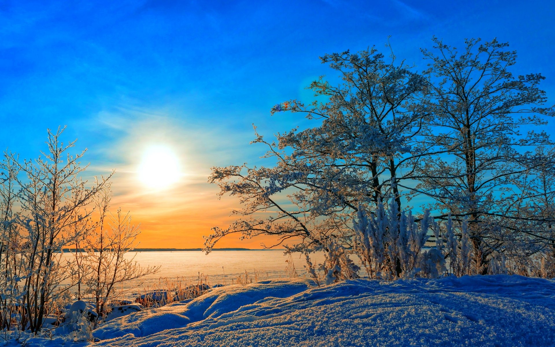 invierno nieve árboles sol cielo nubes