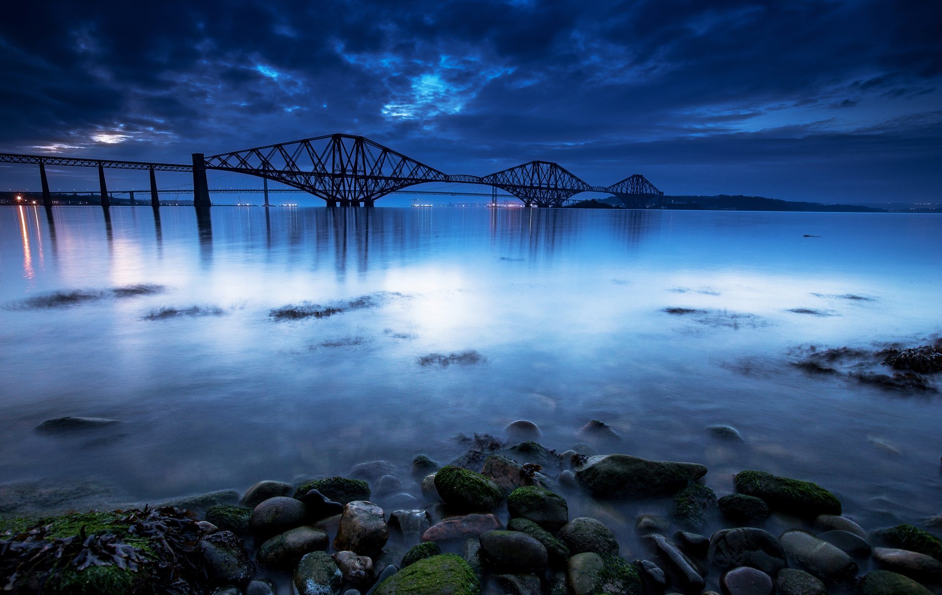 cotland forth bridge united kingdom bridge gulf beach stones night clouds sky