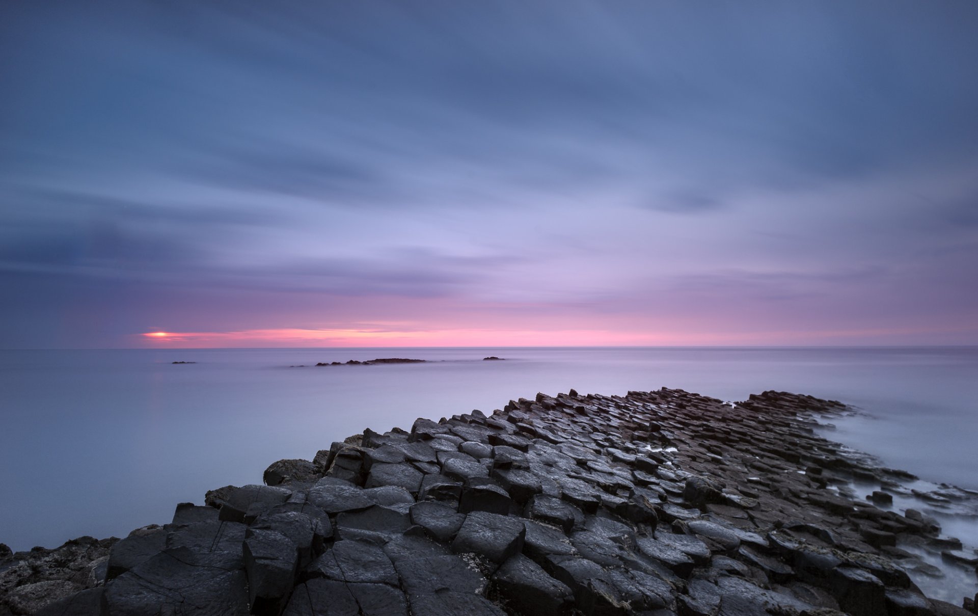 regno unito irlanda del nord mare costa calma sera rosa tramonto cielo nuvole