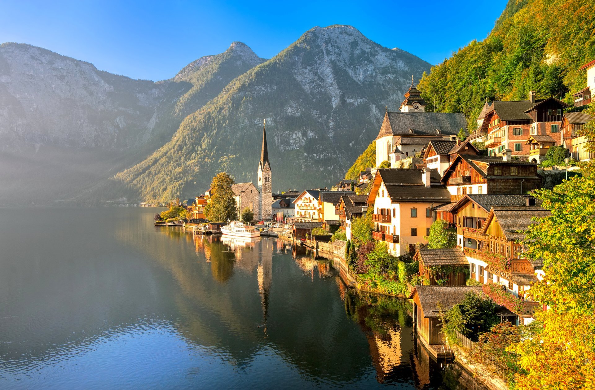 austria österreich hallstatt salzkammergut dachstein mountains alps city autumn nature landscape lake boats houses building