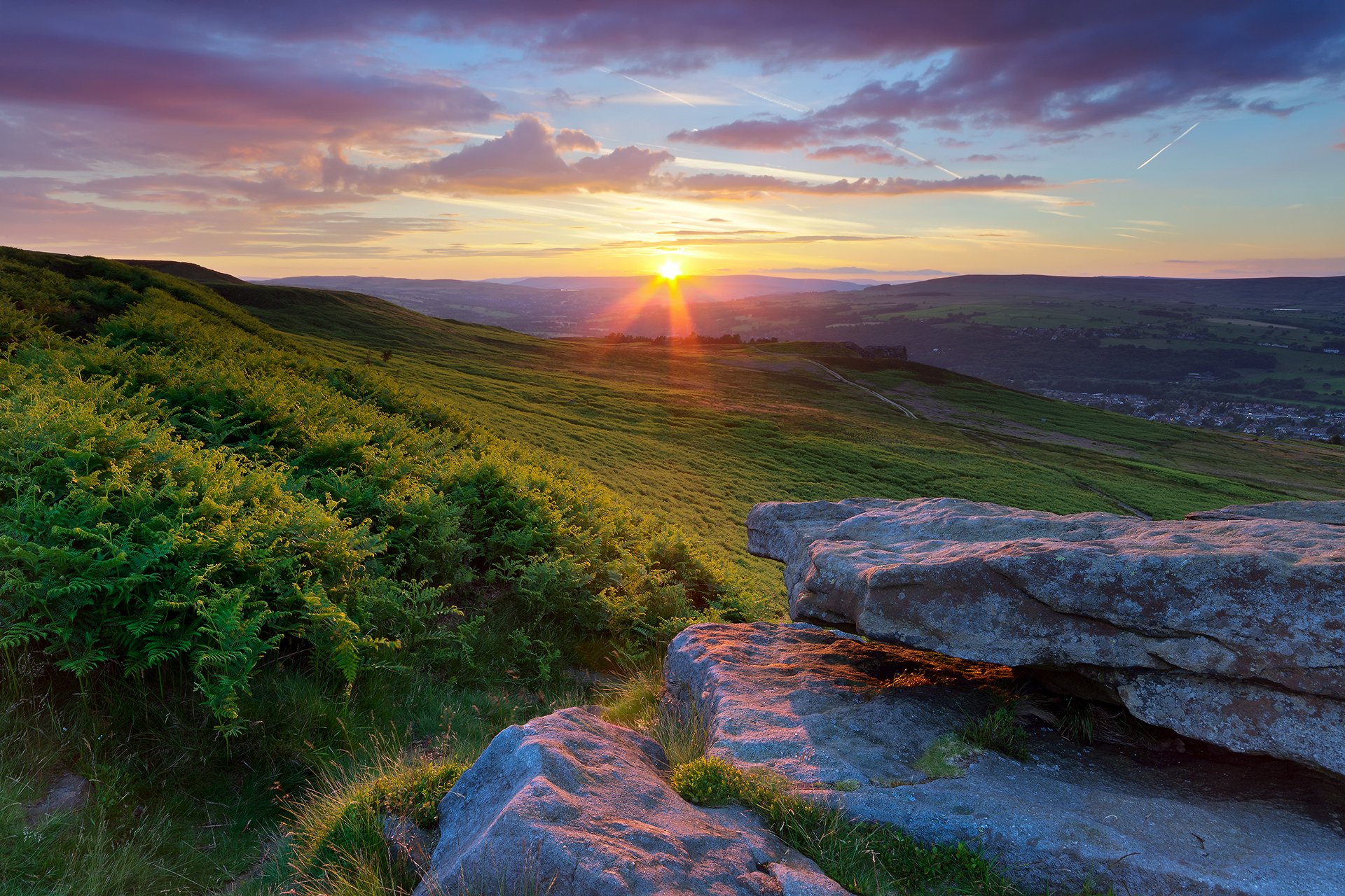 england yorkshire sunset sun sky clouds stones bush of the field valley