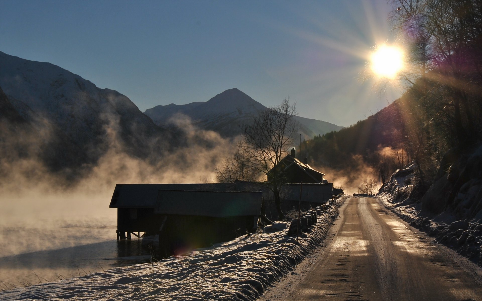 matin lac montagnes route paysage