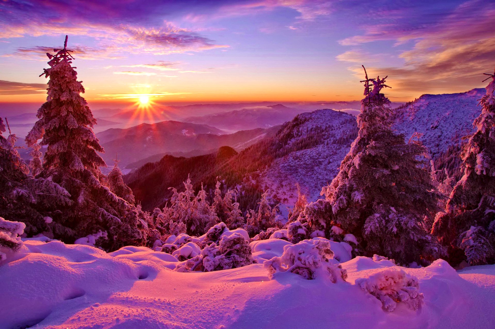 cielo puesta de sol invierno montañas bosque árboles abeto nieve