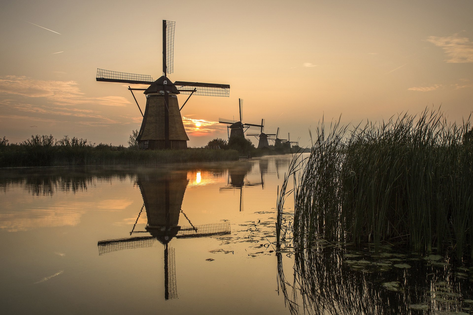 holland fluss schilf mühlen sonne sonnenaufgang