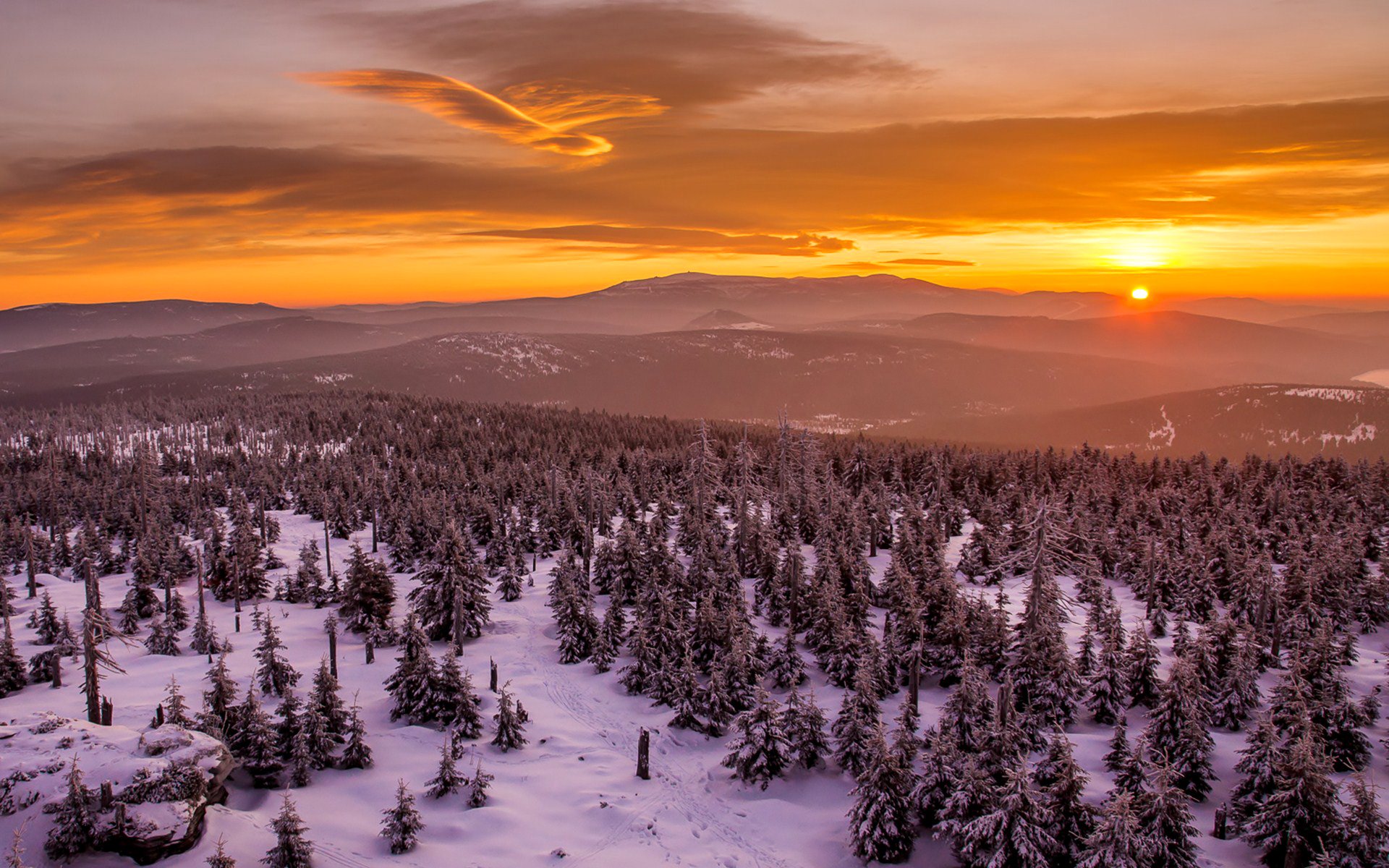 cielo nubes montañas puesta de sol invierno árboles