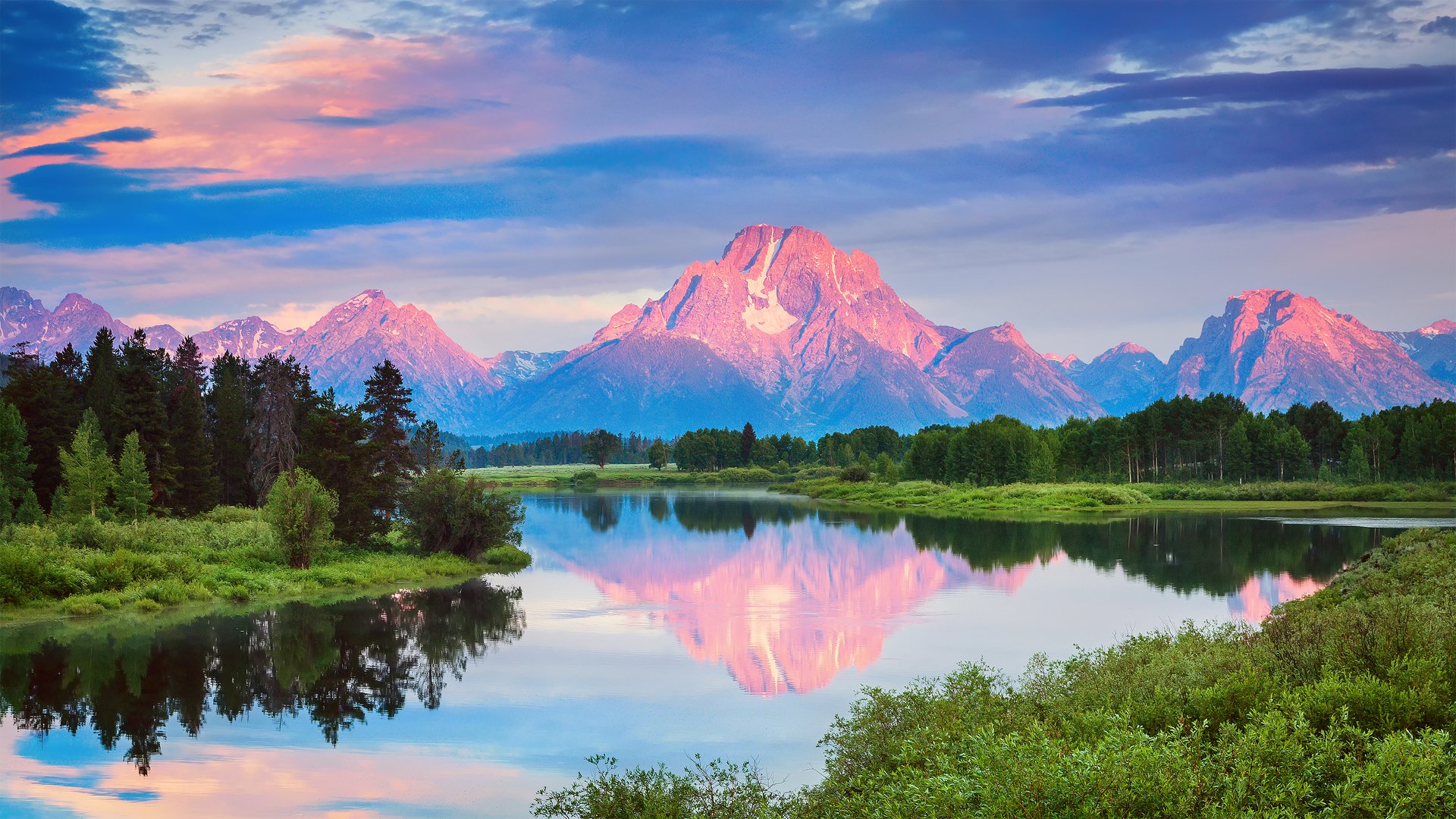 états-unis wyoming parc national grand teton backwaters flexion montagnes eau forêt matin réflexion nuages été juillet