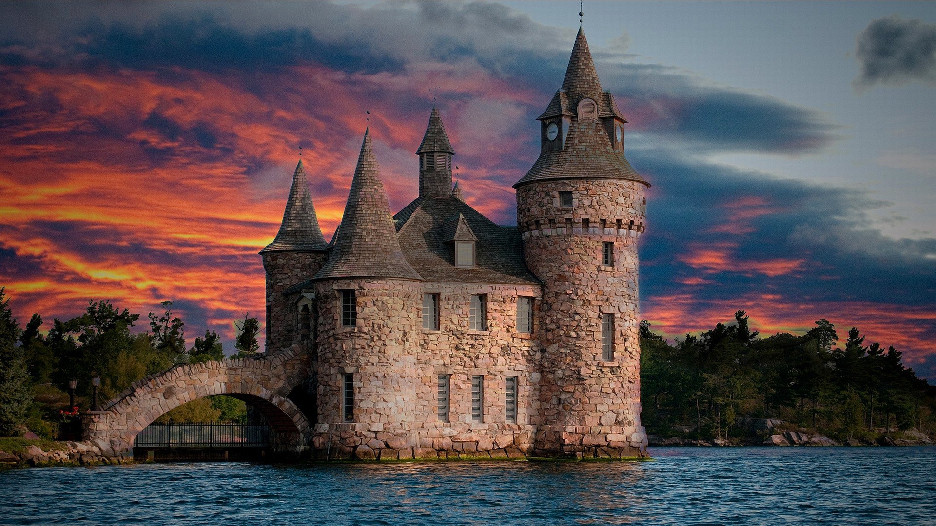 ciel nuages coucher de soleil château tour arbres lac rivière