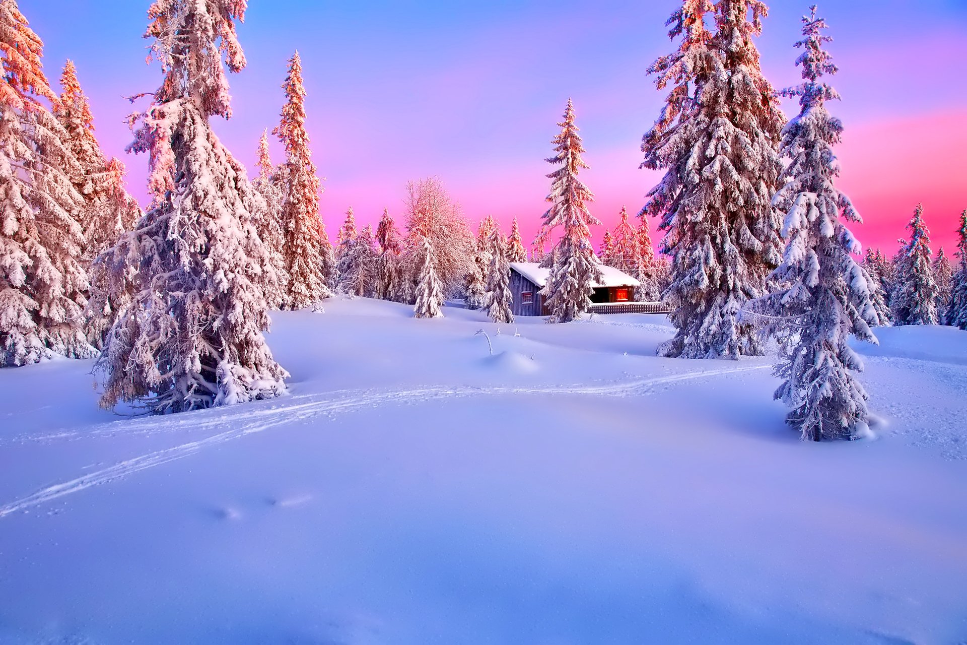 himmel sonnenuntergang glühen winter wald fichte haus schnee