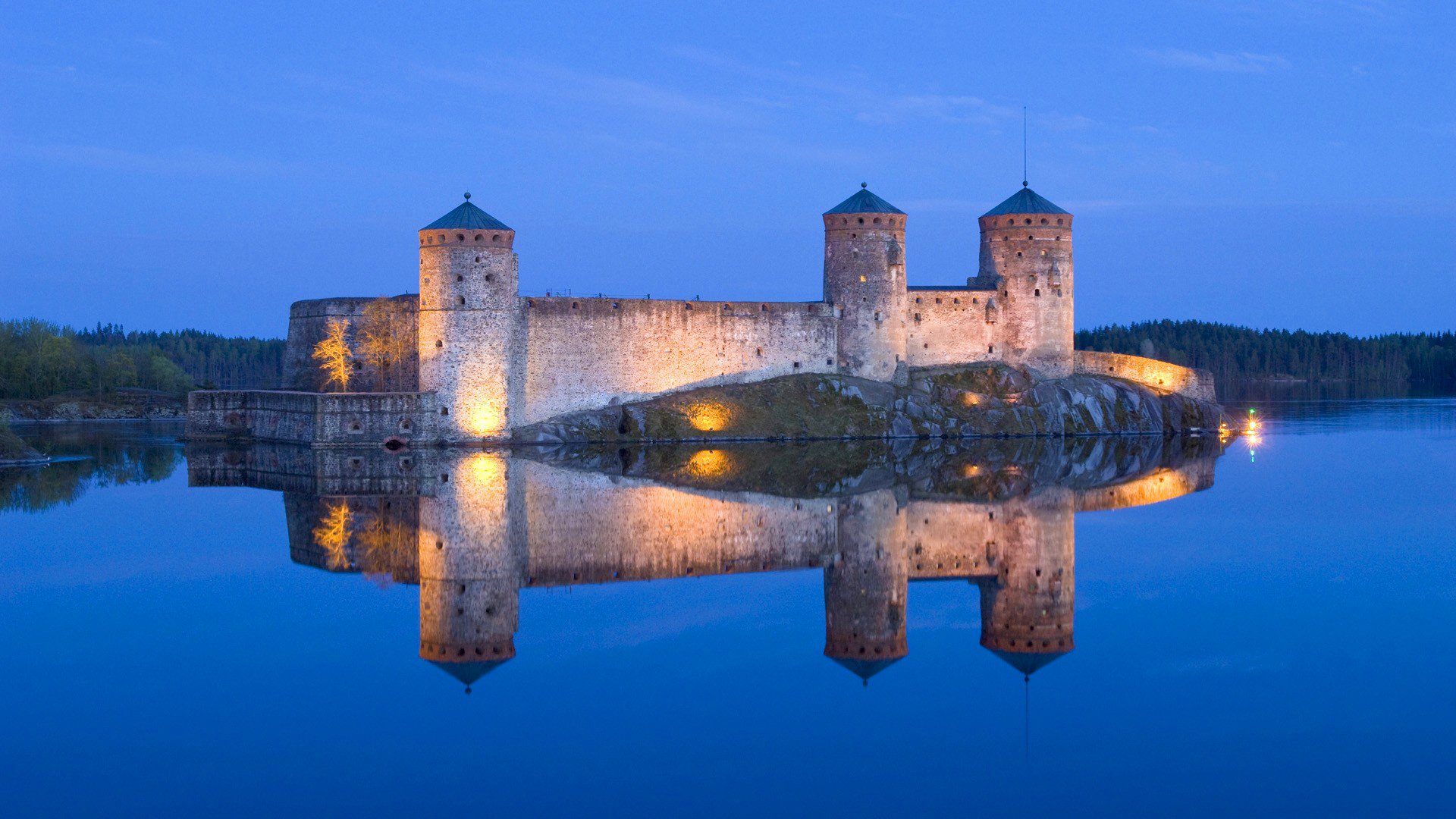 finland sky river lake castle light fortress tower tree reflection