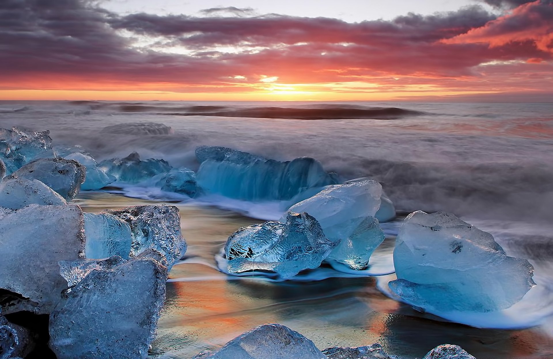 paysage coucher de soleil glace surf ciel nuages islande