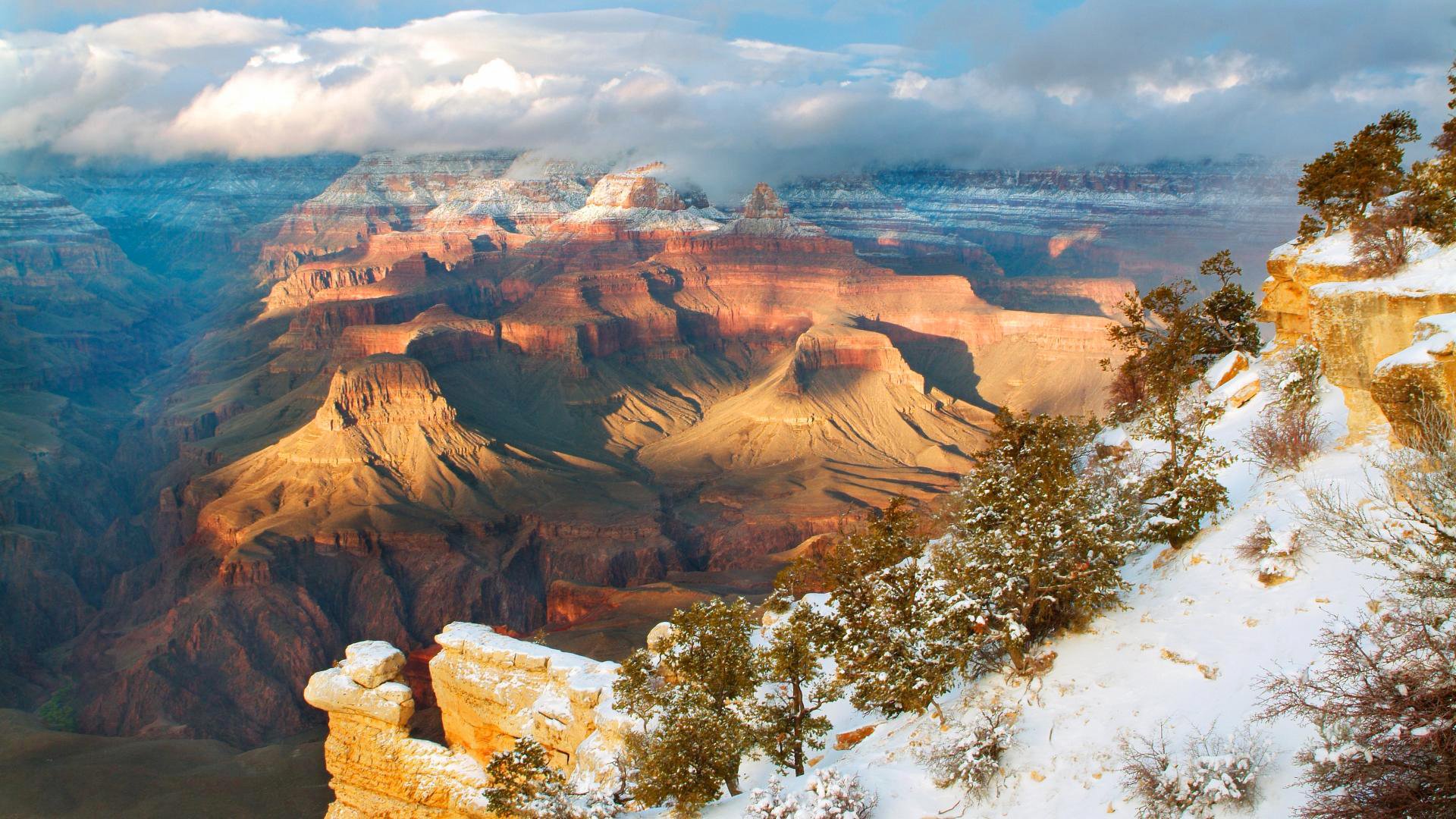 ciel nuages coucher de soleil montagnes canyon neige arbres nature