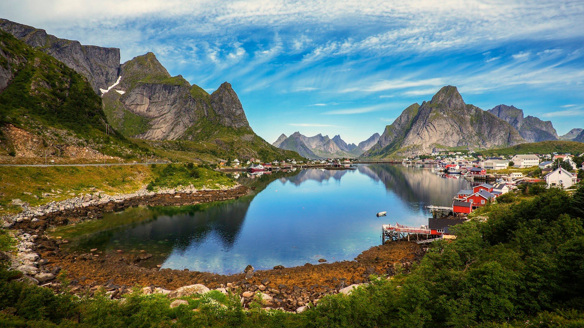 norway gudvangen village sky clouds mountain lake tree stones house