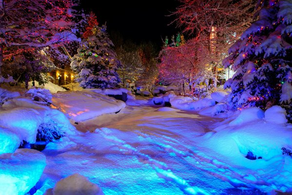 Noche de Navidad en invierno en el pueblo