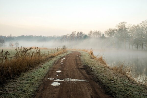 Straße im Nebel am Flussufer