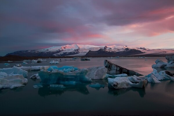 Dawn among icebergs in Iceland