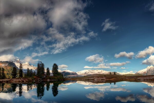 Panorama reflection of mountains and clouds in the lake