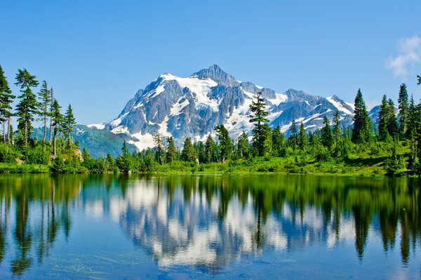 Lac reflète la forêt verte dans les montagnes bleues