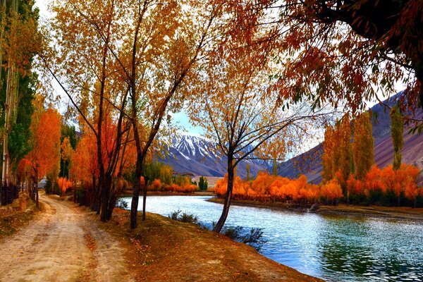 Brillantes árboles de otoño y un río de montaña