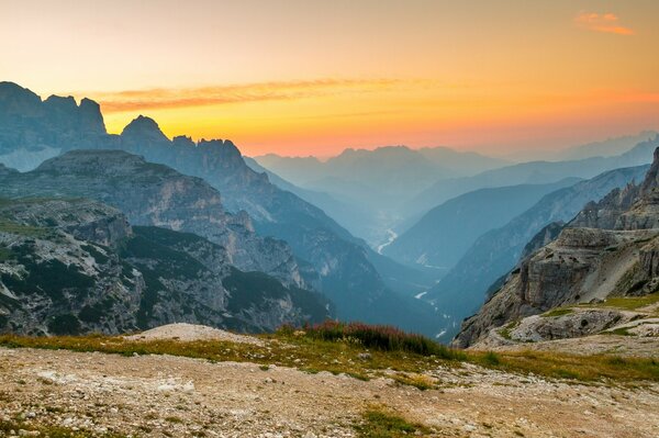 Landscape dawn in the mountains sharp peak