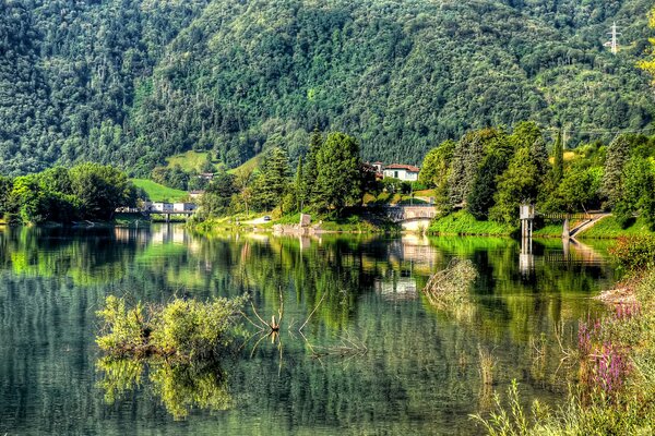 Ein Dorf am See am Fuße des Berges mit üppigem Grün