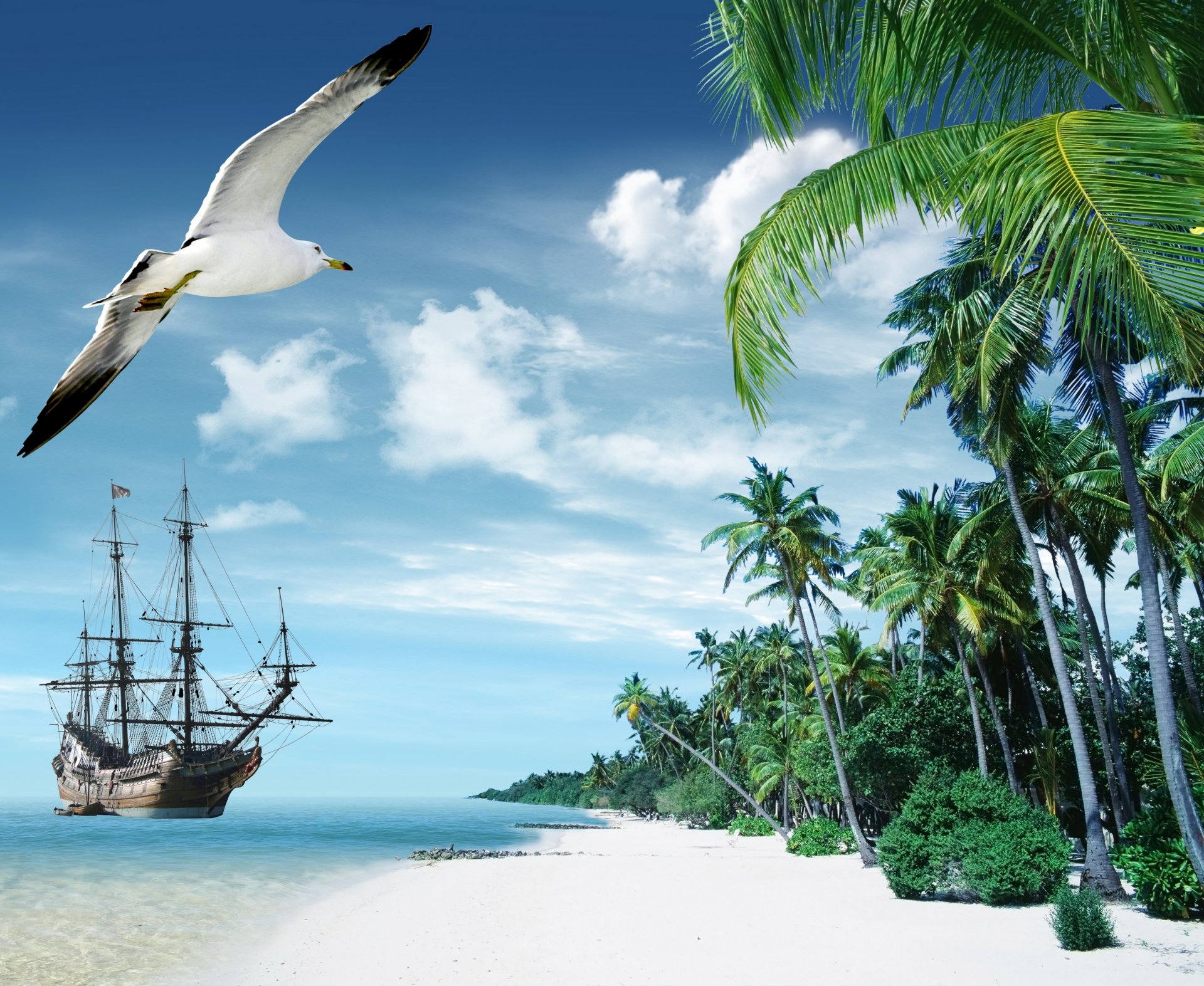 tropisch paradies strand palmen meer ozean sommer urlaub tropen sand ufer schiff insel