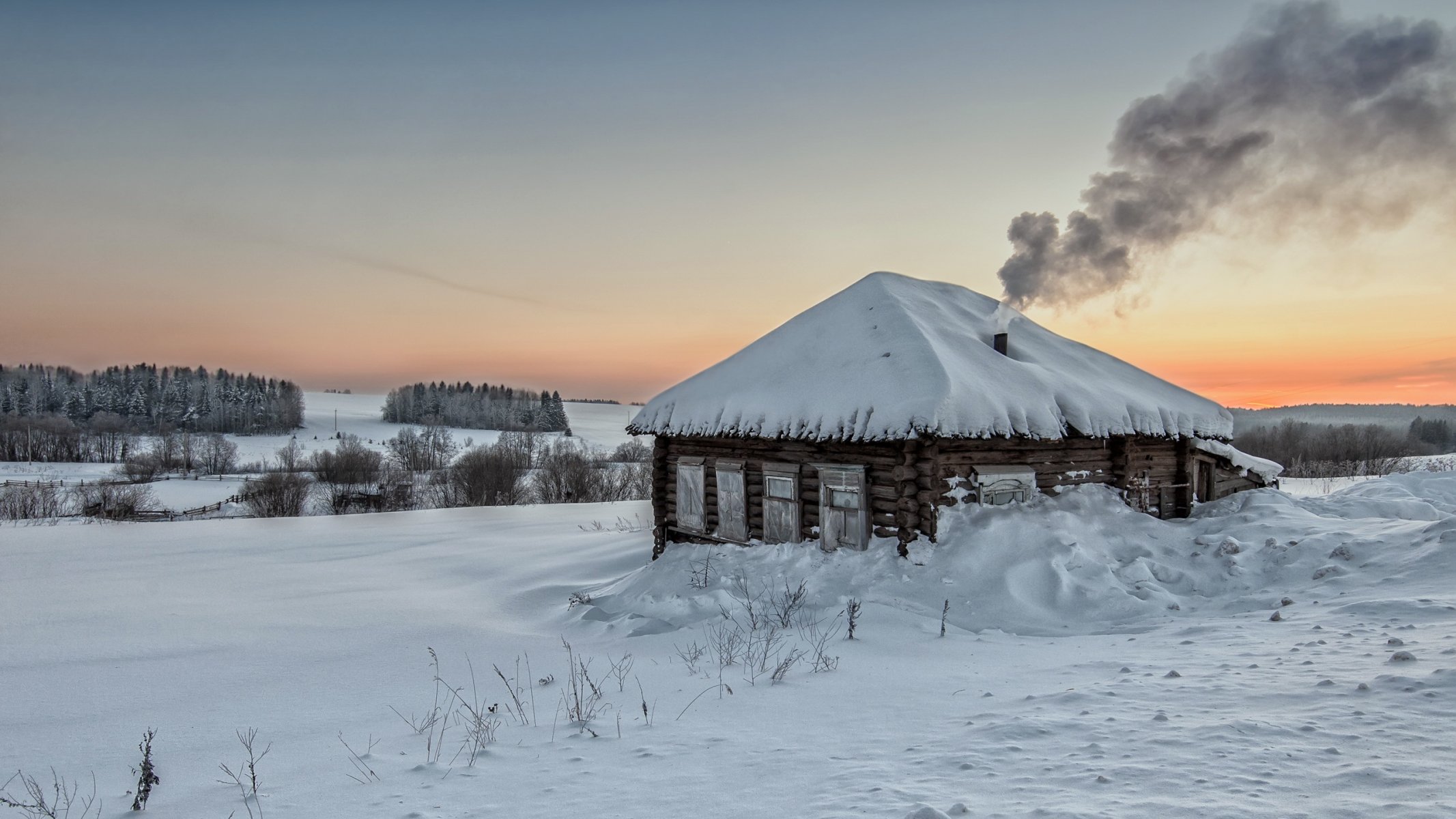 inverno casa tramonto paesaggio