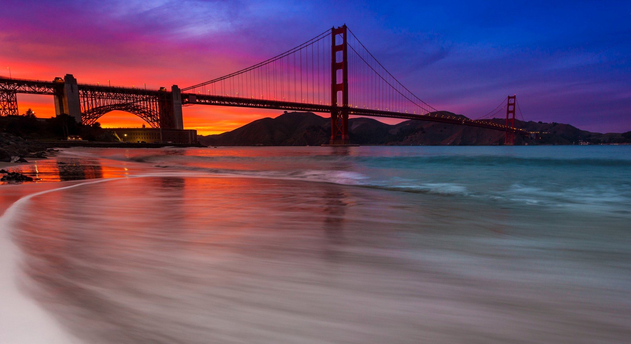 united states san francisco bridge golden gate sky clouds sunset glow mountain gulf