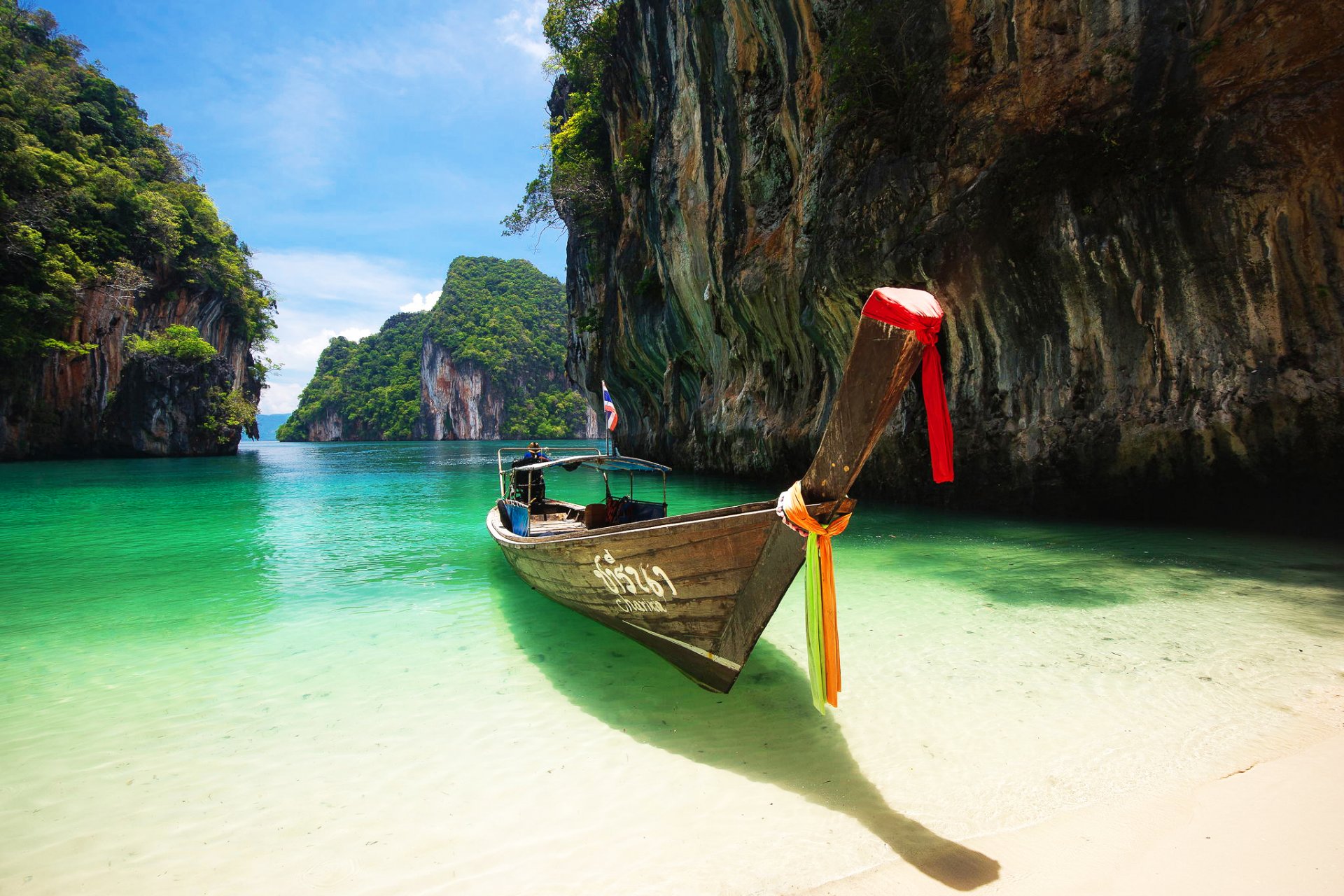 thailand phuket meer felsen boot strand sand landschaft