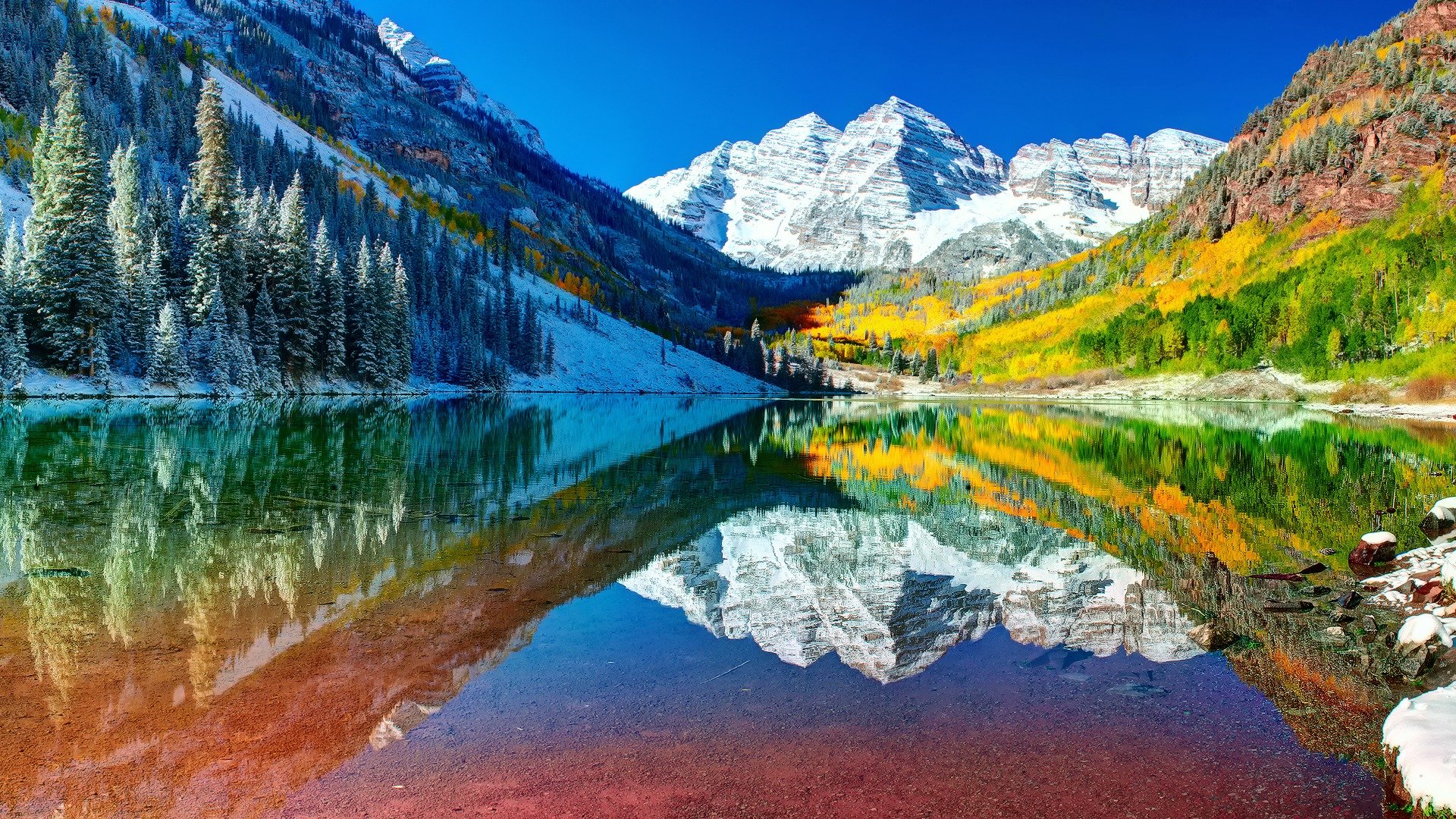 usa colorado berge see herbst himmel wald schnee wasser reflexionen