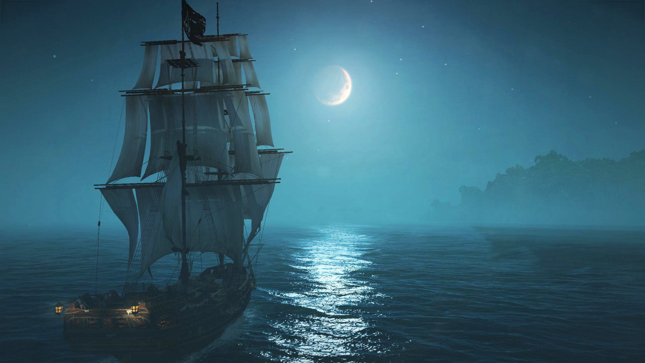 cielo luna niebla árboles mar barco velero luces