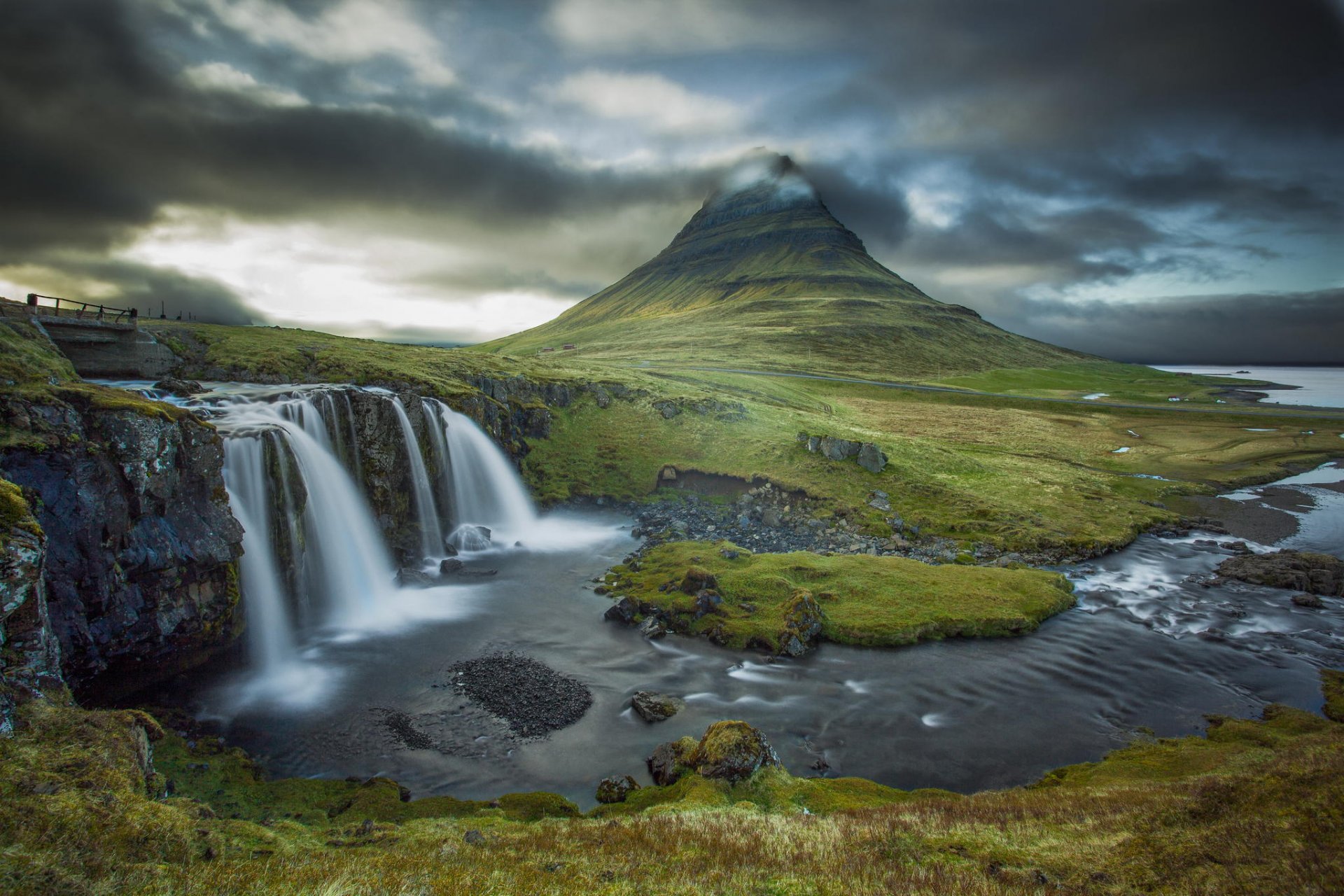 kirkjufell iceland mountain volcano waterfall river cloud