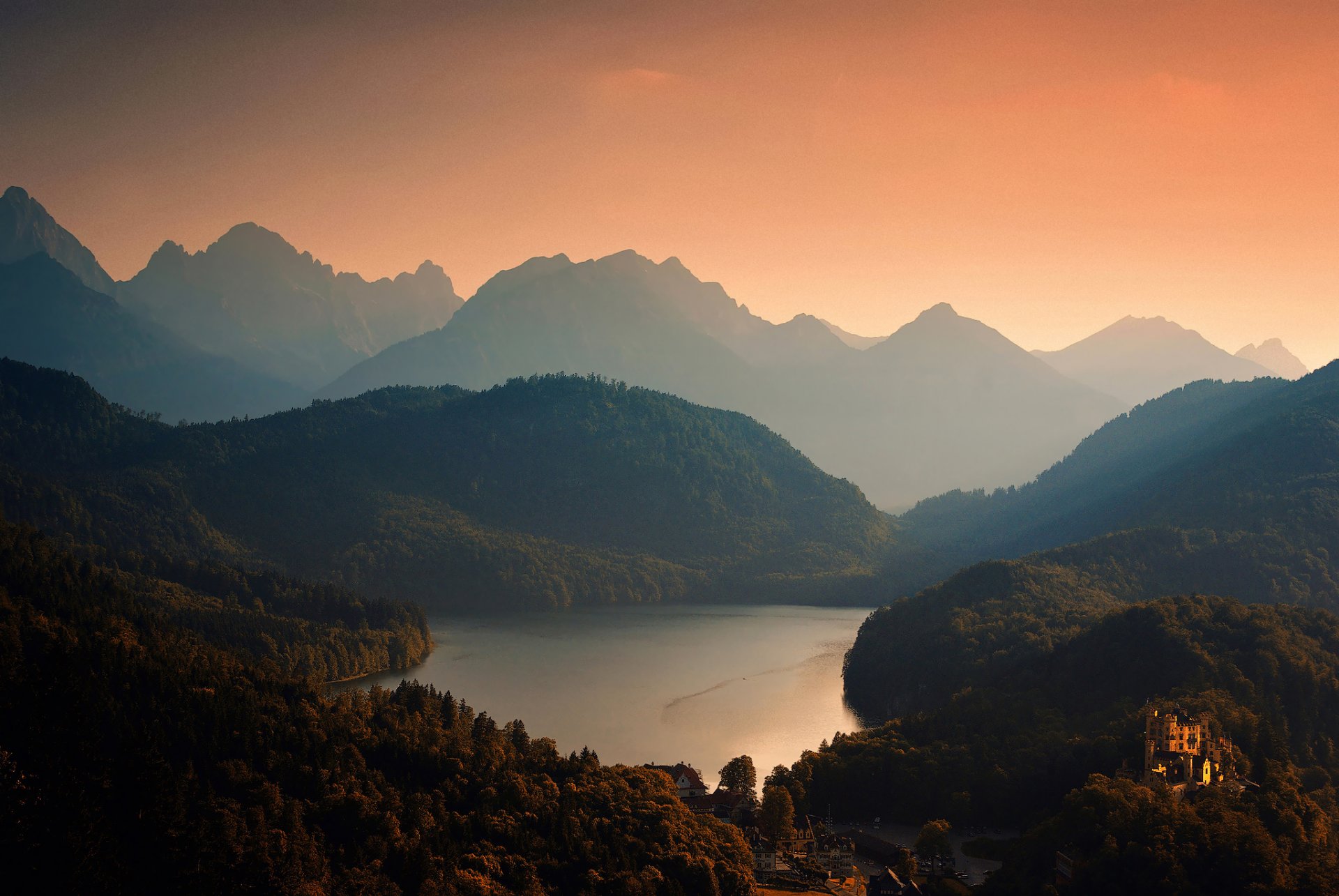 germany bavaria castle hohenschwangau mountain forest lake sky sunset