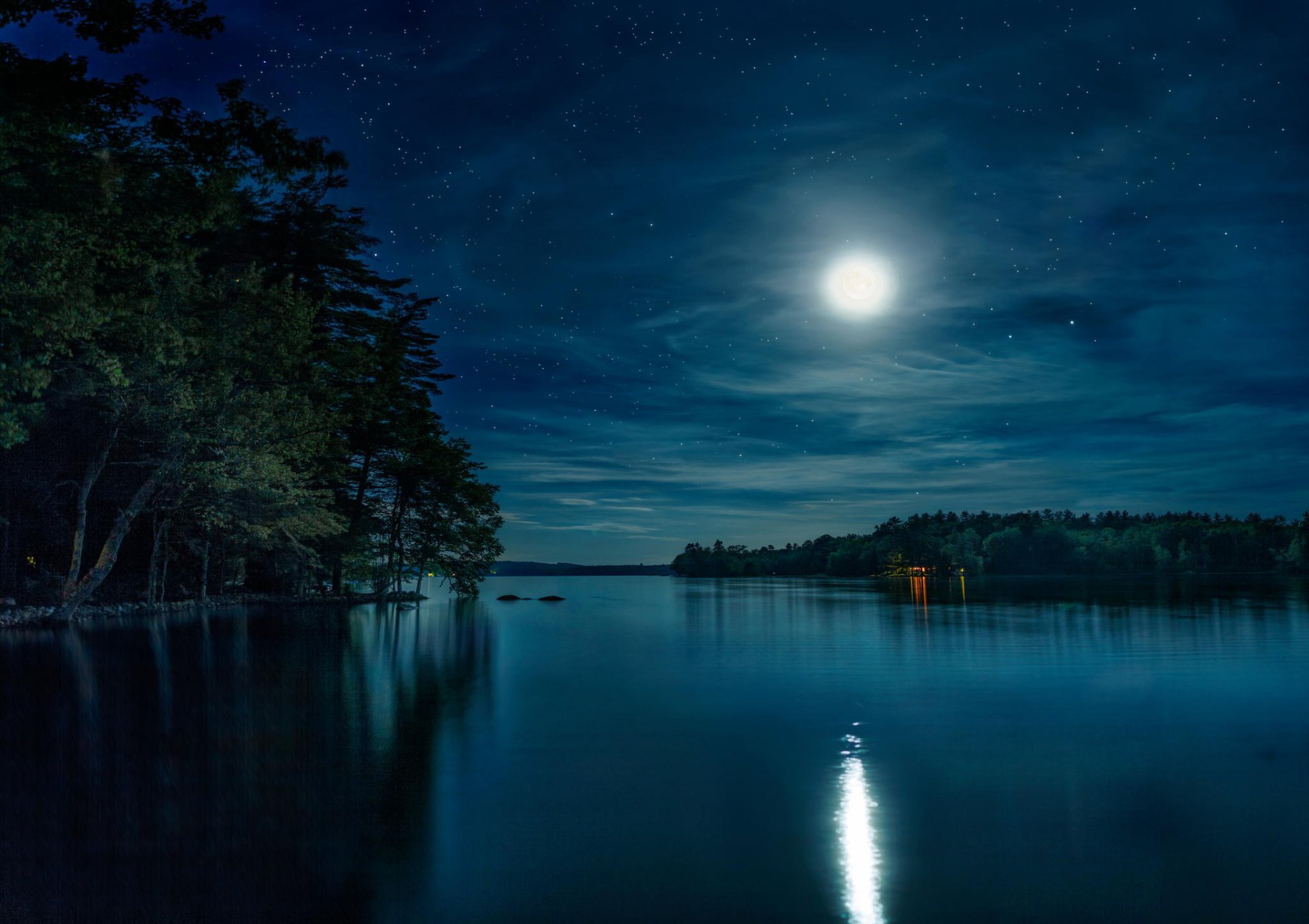 night lake moon sky star nature forest