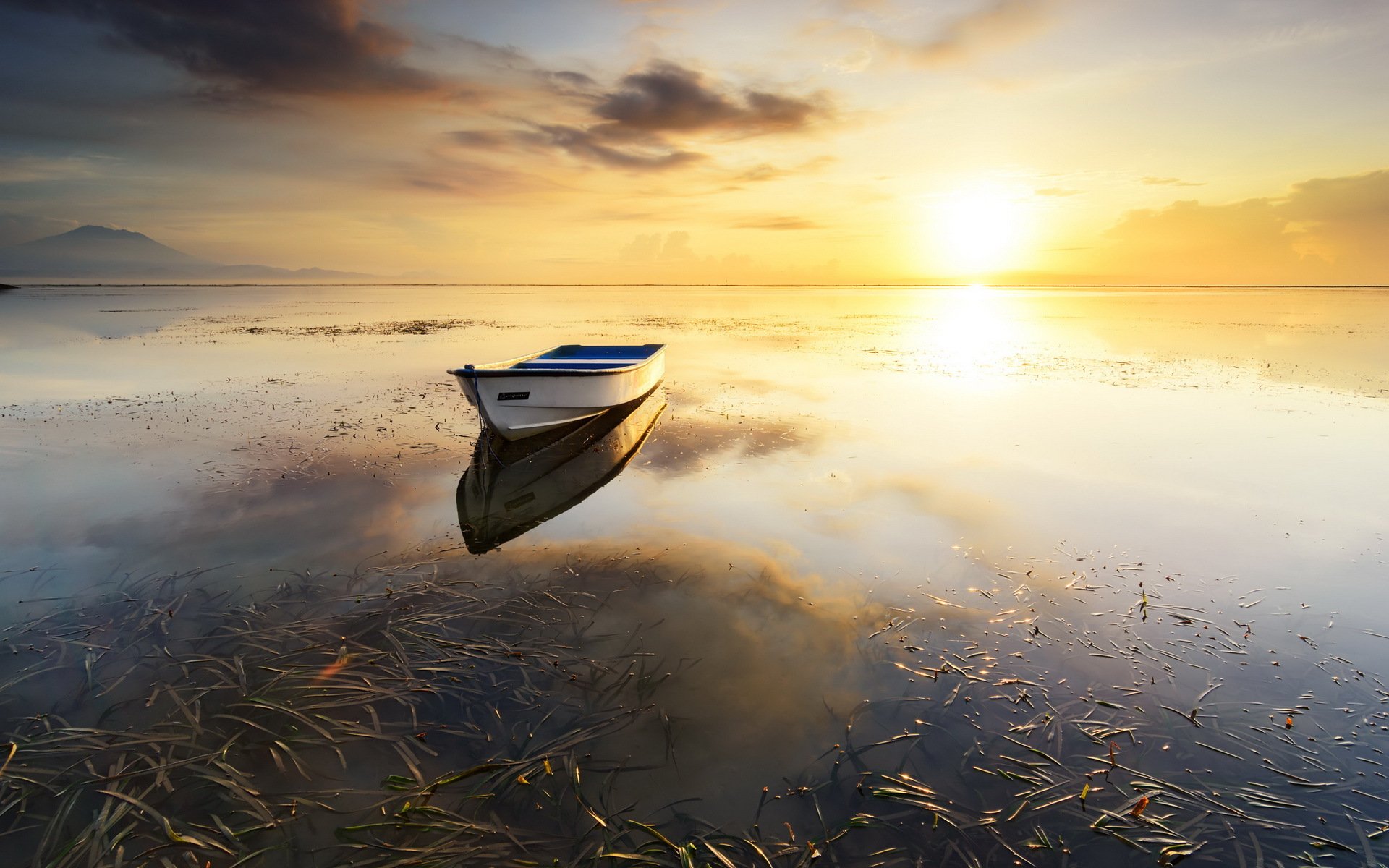 lake sunset boat landscape