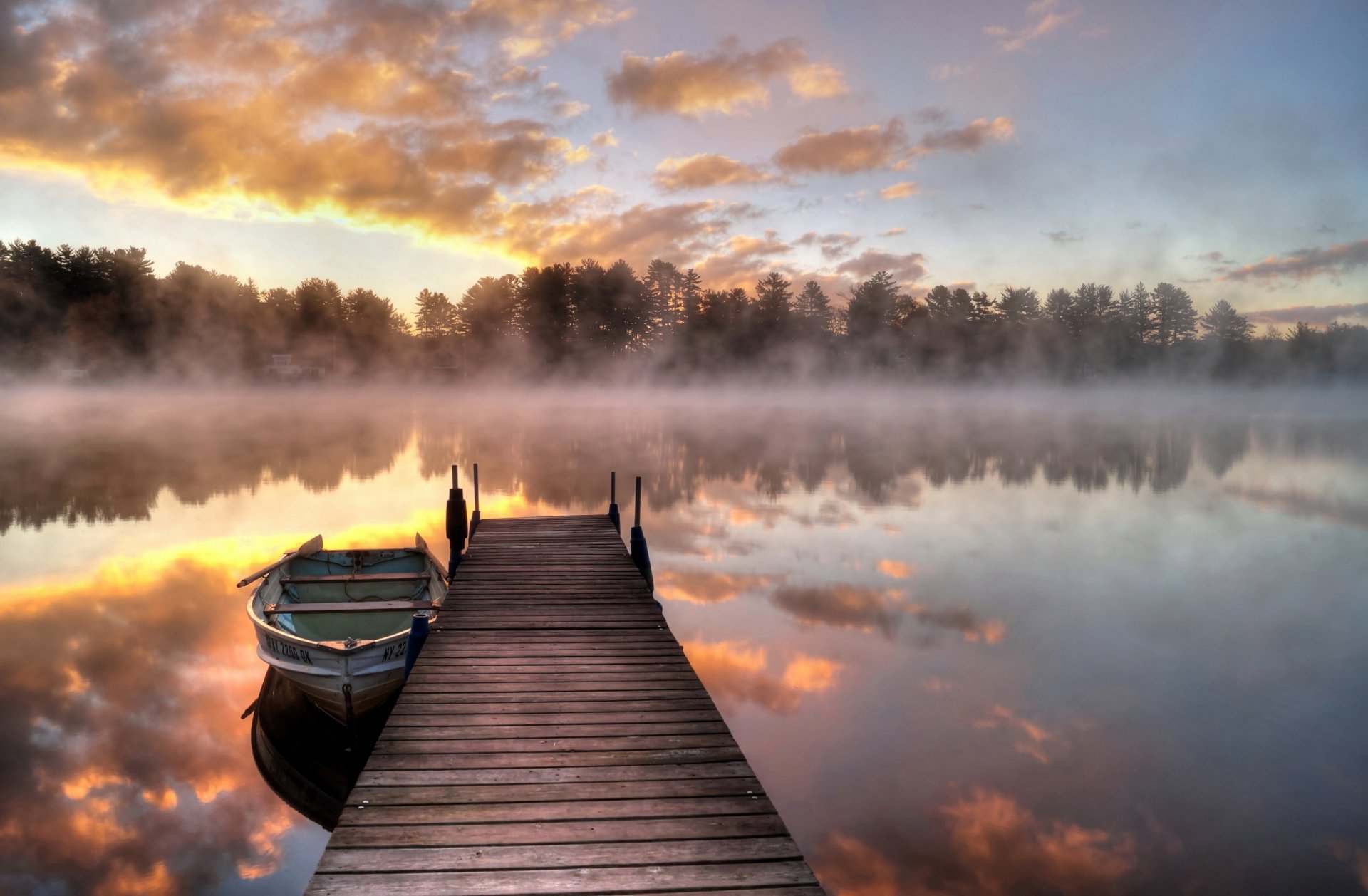 see morgen nebel brücke boot