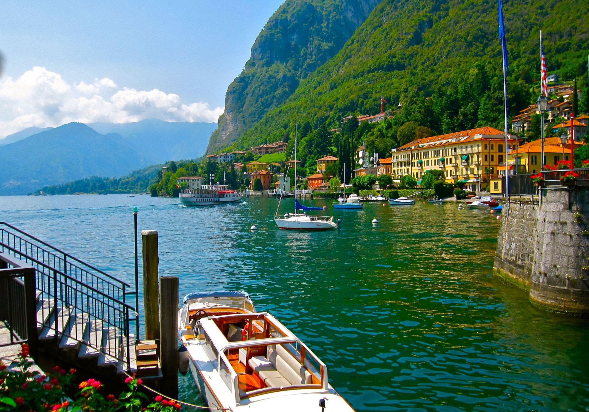 italien como see yacht boot berge wald natur zuhause architektur