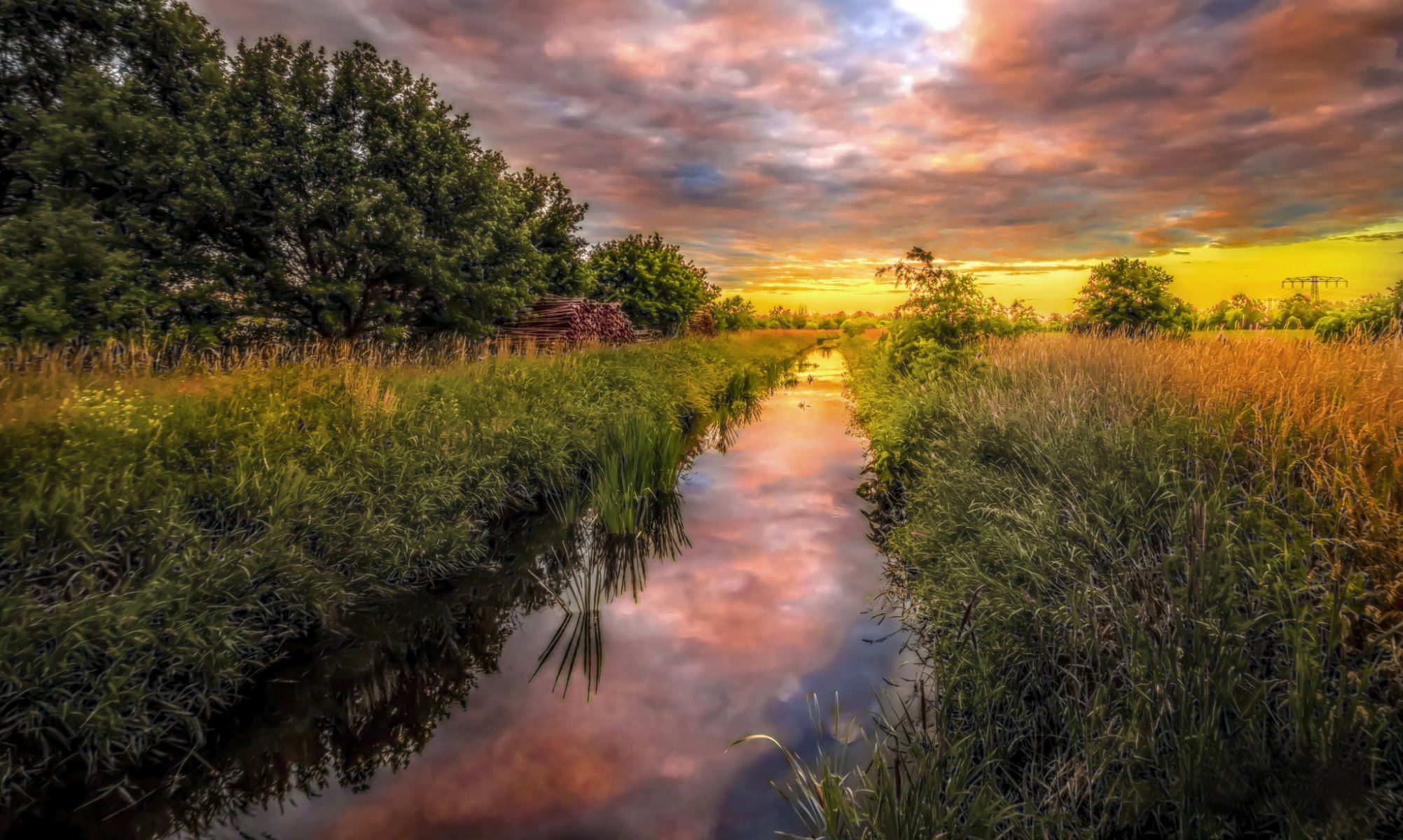 germania natura fiume erba verde alberi campo estate tramonto nuvole riflessione paesaggio