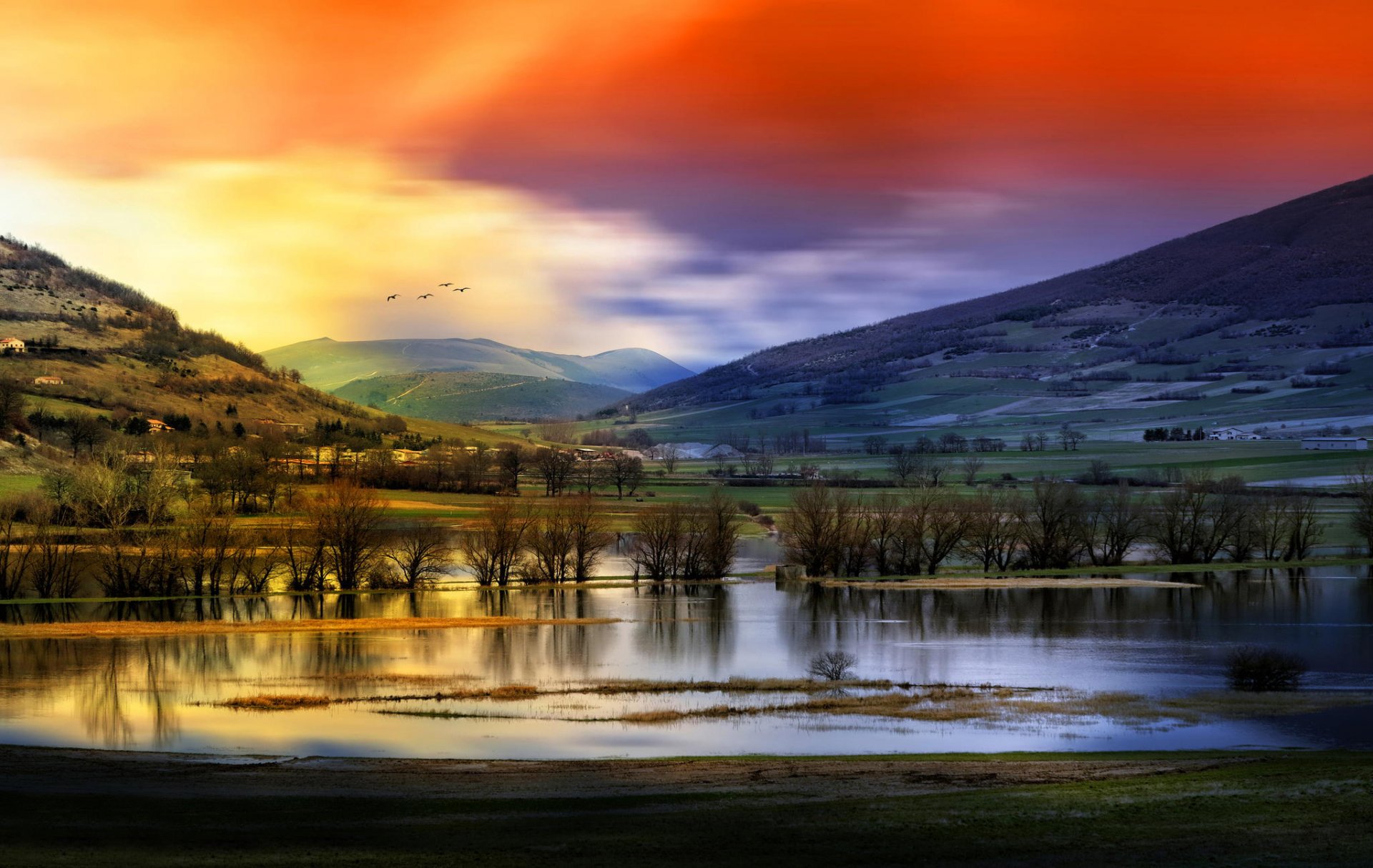 paysage montagnes eau arbres ciel oiseaux