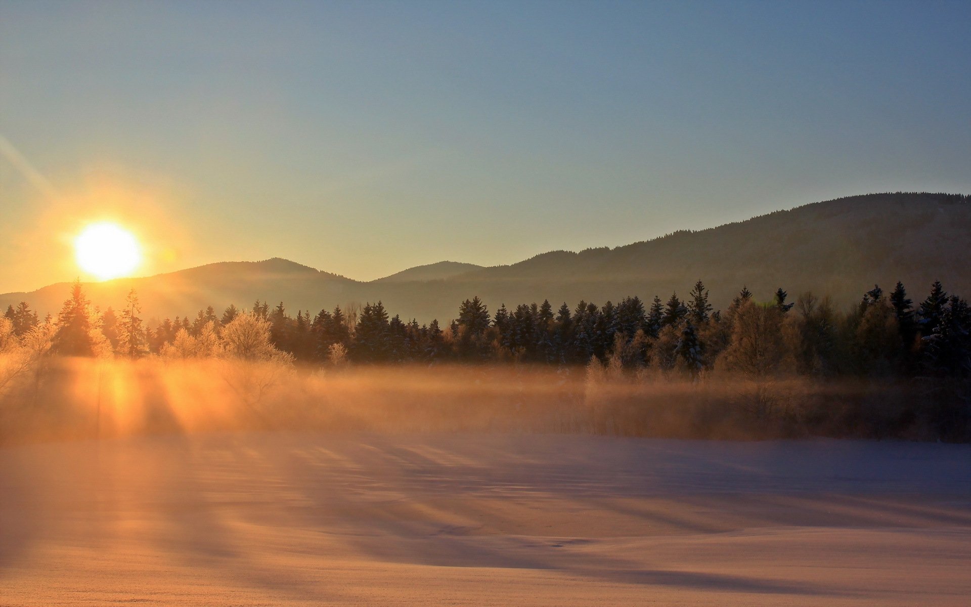 unset winter fog landscape