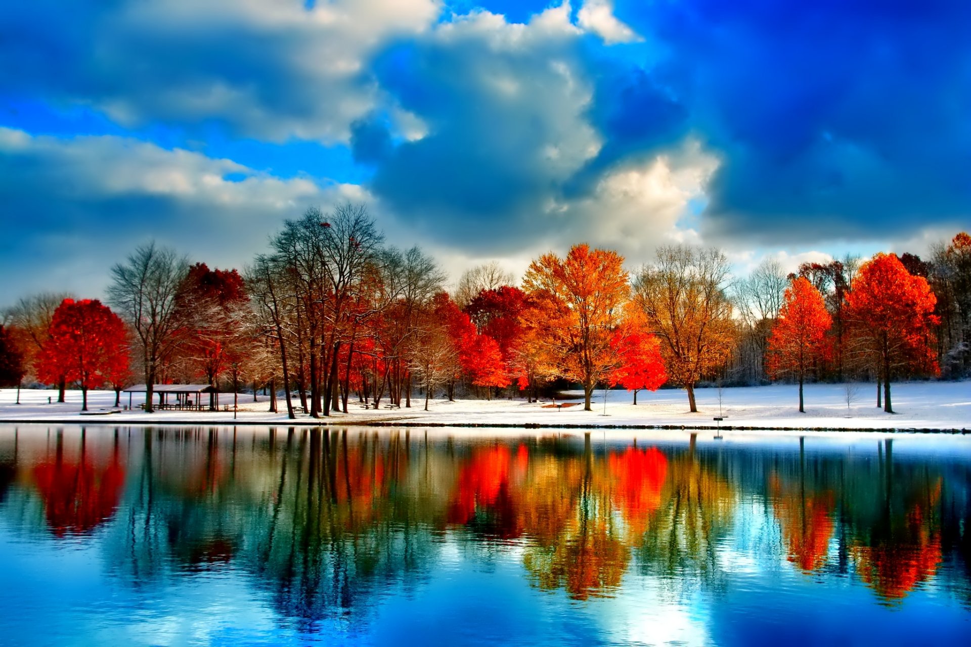 himmel wolken fluss teich schnee bäume herbst