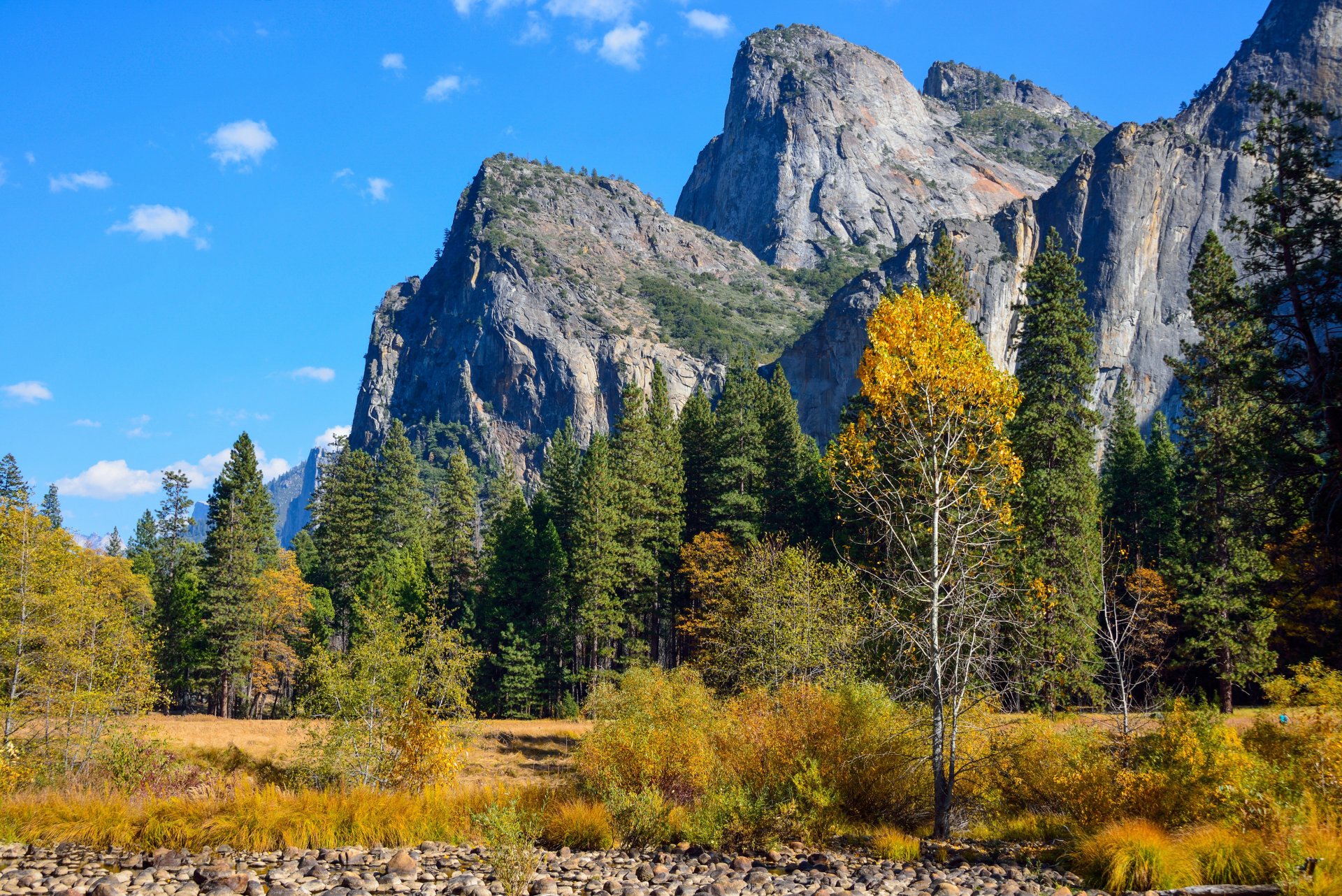 yosemite park himmel berge wald herbst bäume büsche steine felsen