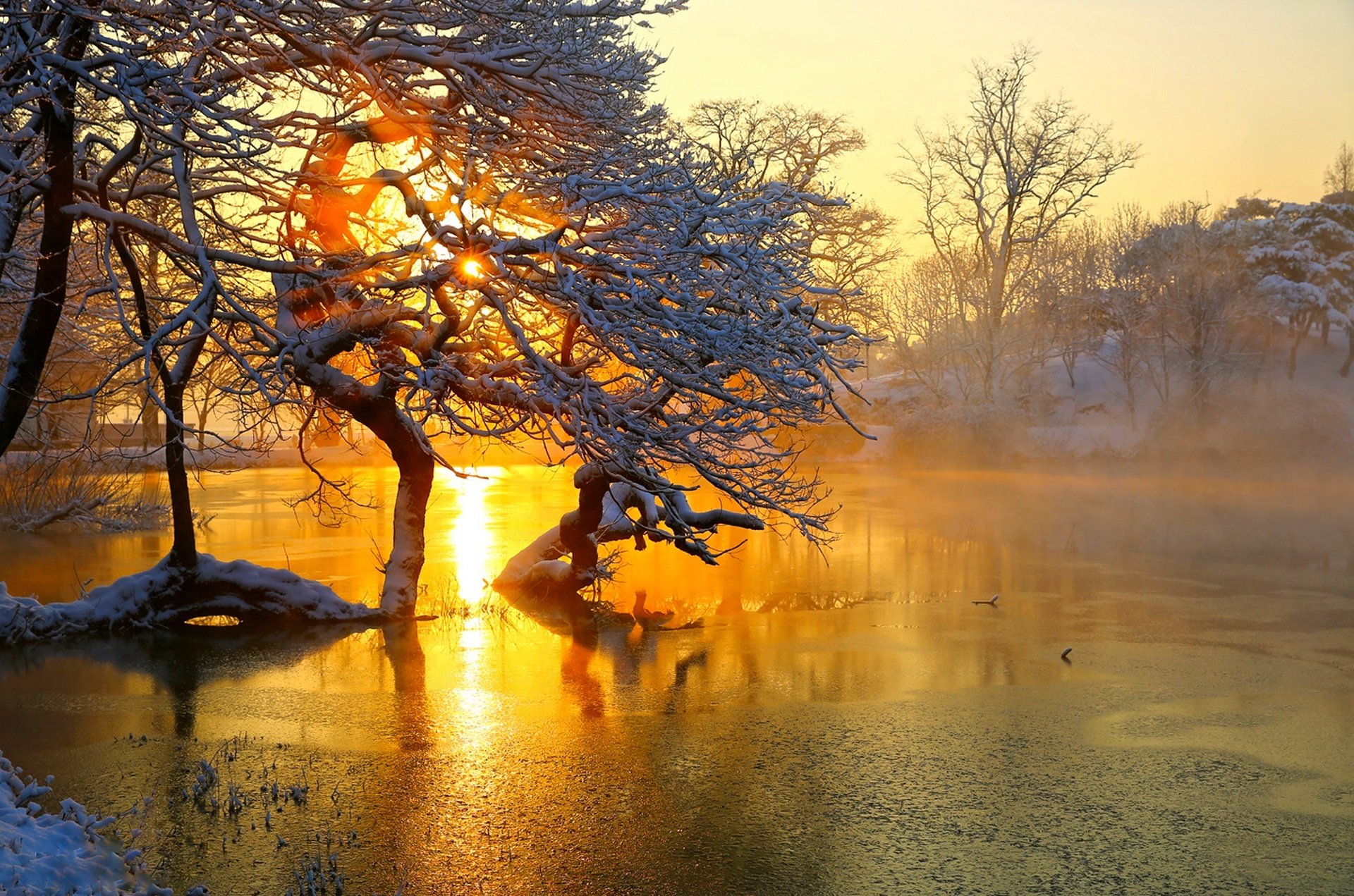 природа hdr пейзаж сезон зимние просмотреть цвета снег лед облака небо закат дерево деревья река зимa вид цвет рекa