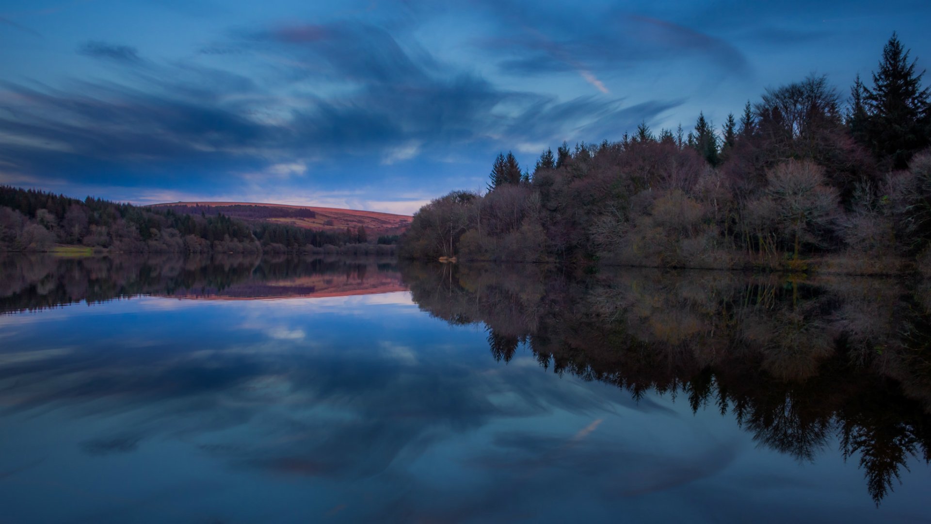 großbritannien england stausee nationalpark wald bäume abend blau himmel wolken reflexion natur
