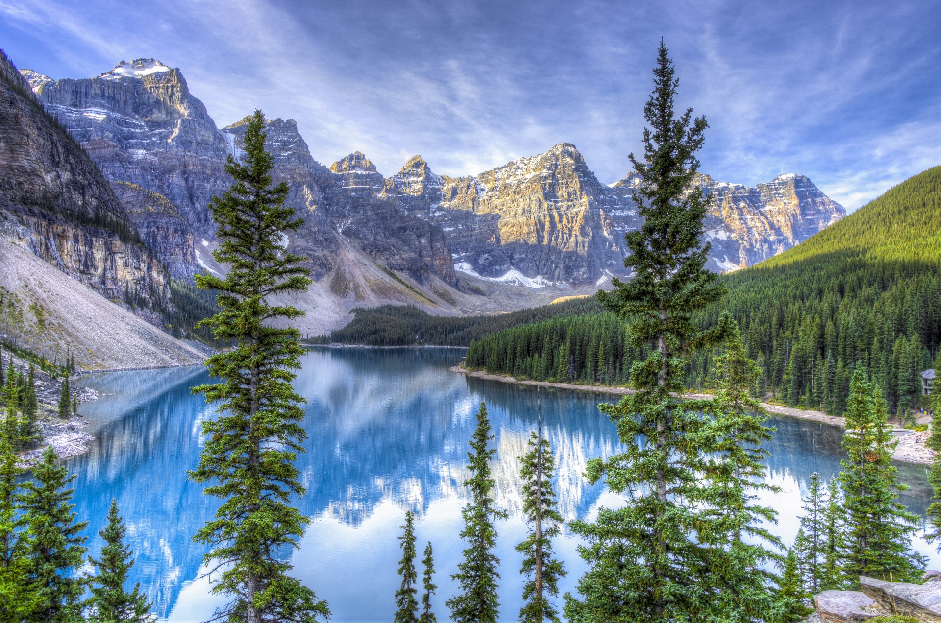 moraine lake alberta canada sky clouds mountain snow lake tree forest spruce