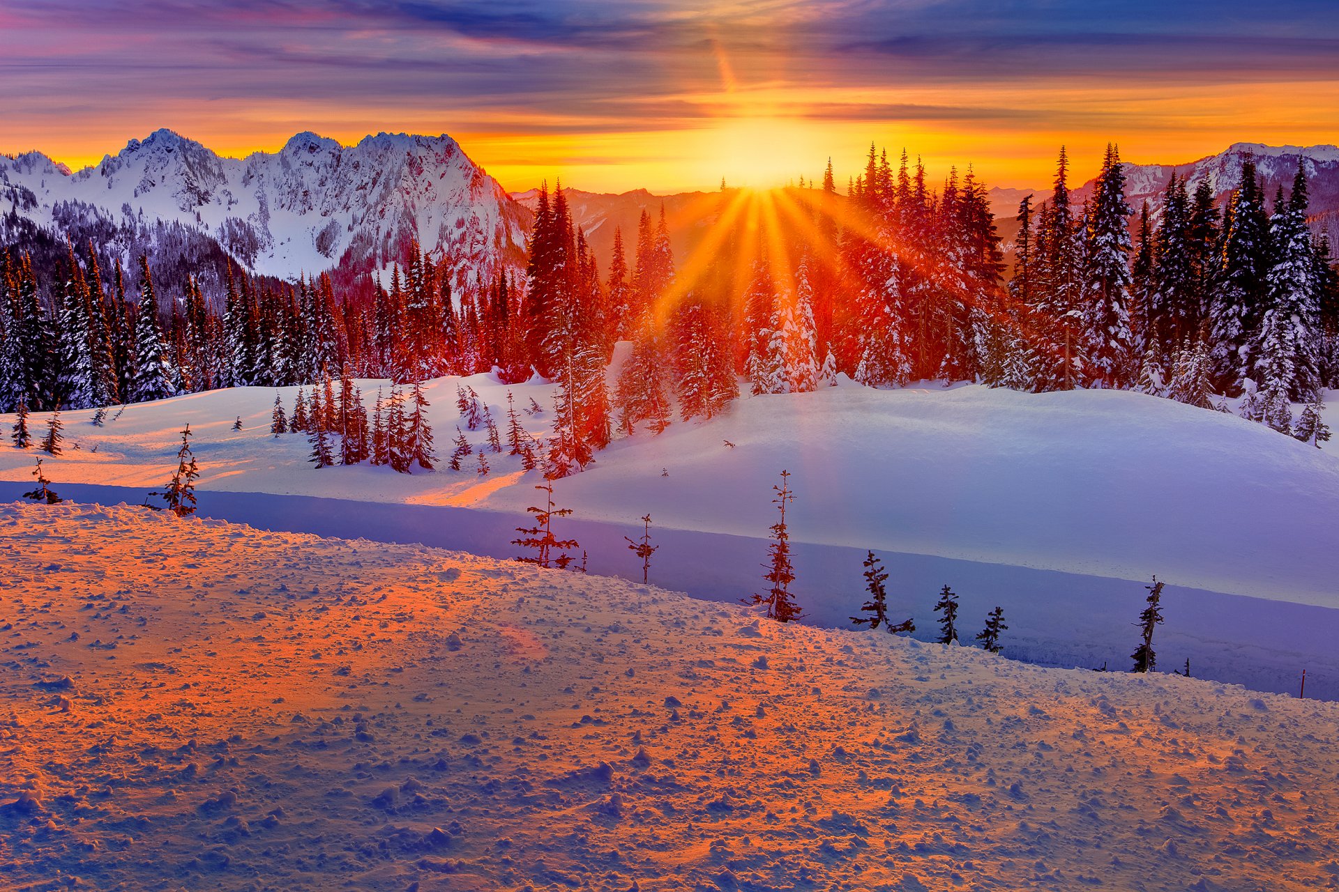 washington stati uniti inverno montagne foresta alberi neve tramonto cielo sole raggi