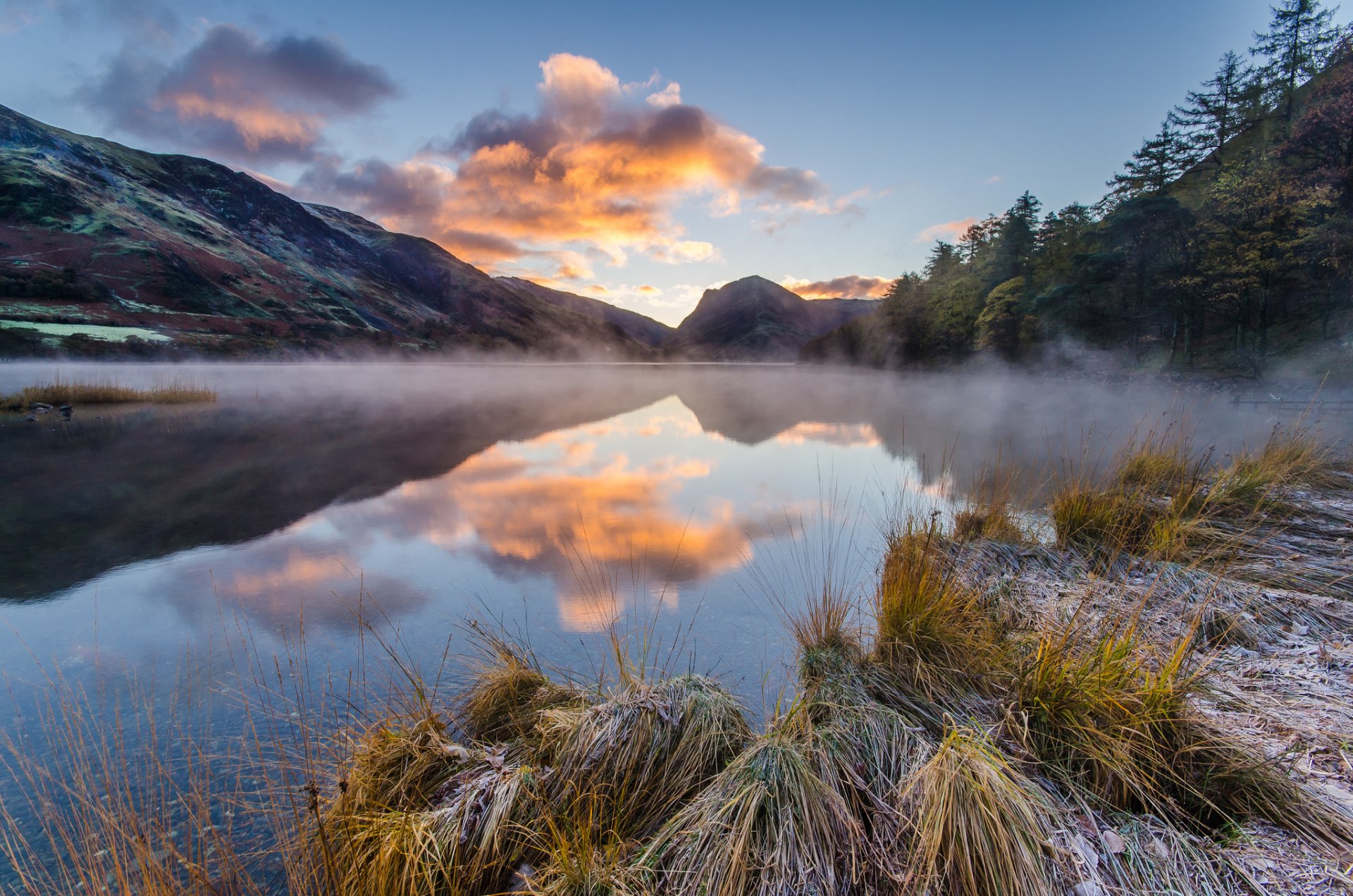 berge see reflexion nebel morgen frost