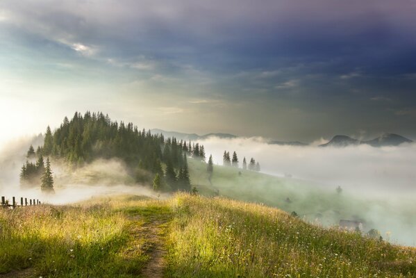 Paisaje en las montañas con vistas a la niebla